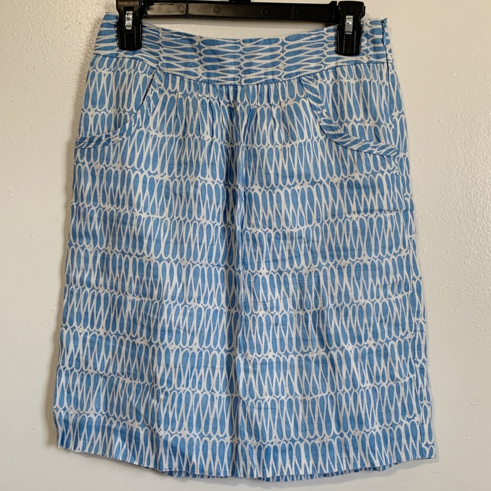 Boden Geometric Linen Skirt Pockets Lined Blue Ivory 4 Regular 26x20.5